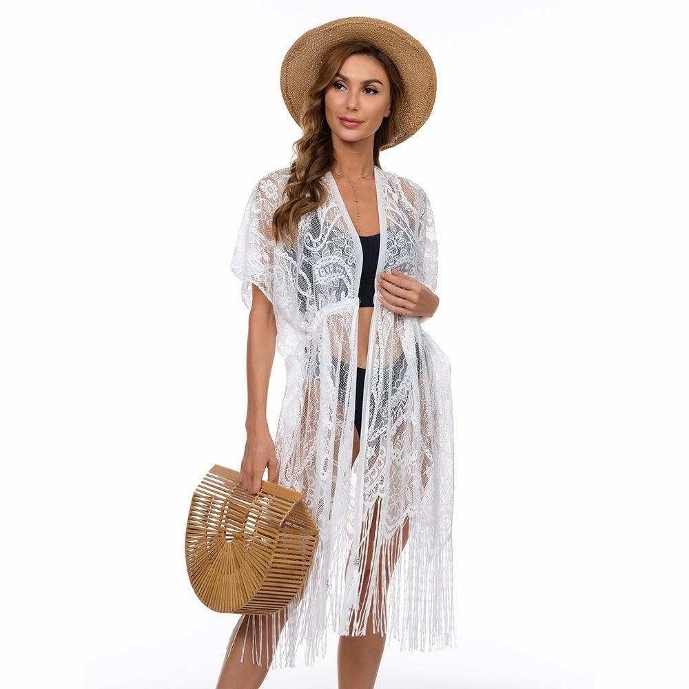 Lace Mesh Bohemian Shawl Tassel Sun-Protective Top Elegant Swimsuit Cover Up Vacation
