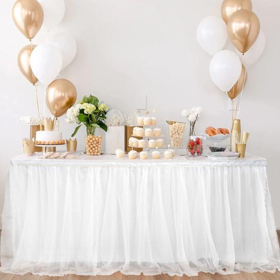 Tulle Table Skirt for Rectangular Tables White Pleated Table Cloth 6Ft/9Ft Wrinkle Free Tablecloth with Tutu Skirt Party Banquet Cake Table Decoration