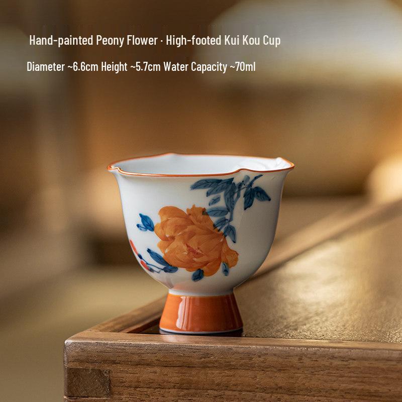 Guanlan Hand-Painted Ceramic Tea Tasting Cup - Underglaze Kōkuchi Design, High-Footed Kung Fu Tea Set Host Cup Standard Size
