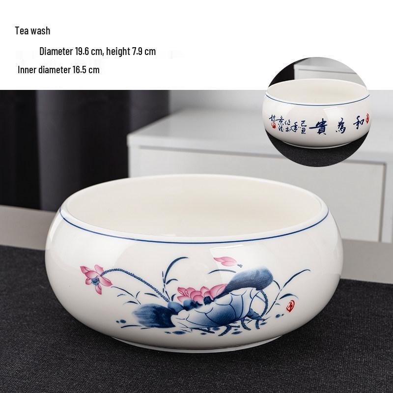 Large Chinese Style Blue and White Porcelain Tea Wash Basin and Cup Washer with Lan Ting Xu Calligraphy - Retro Ceramic Brush Washer