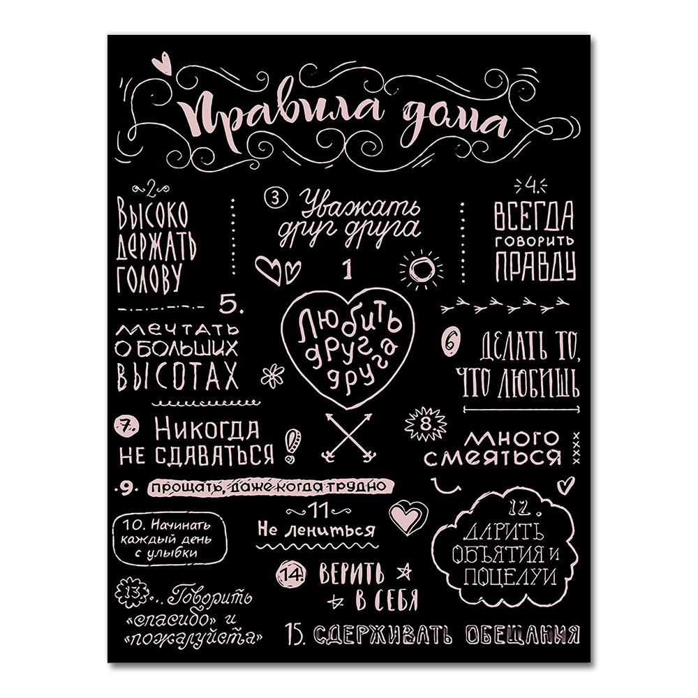House Rules Canvas Painting Russian Quotes Wall Art Posters and Prints Nordic Black White Pictures Cuardos for Home Decor