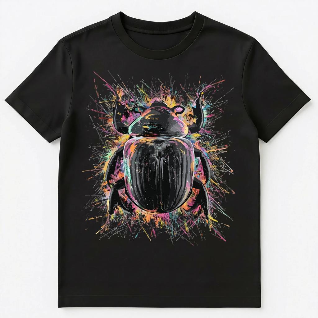 T-shirt Unisex Grafica Artistica Scarabeo Stercorario Schizzi di Vernice Colorati