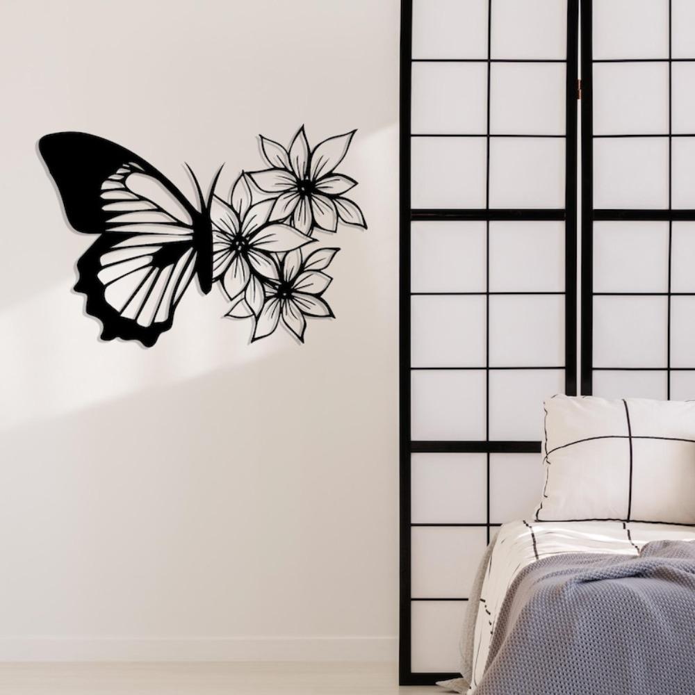 Black Metal Butterfly Flower Wall Art, Textured Steel Decor