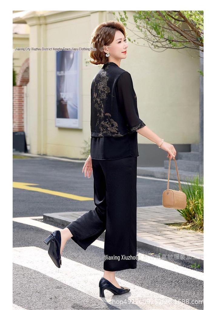 Elegant Summer Chiffon Top & Wide-Leg Pants Set for Moms and Seniors