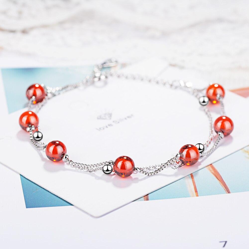 Bracciale in Argento Sterling 925 Moda Pietra Granato Rosso Doppio Strato Perline Catena Collegata Per Donne Bracciale Ciondolo Gioiello Regalo