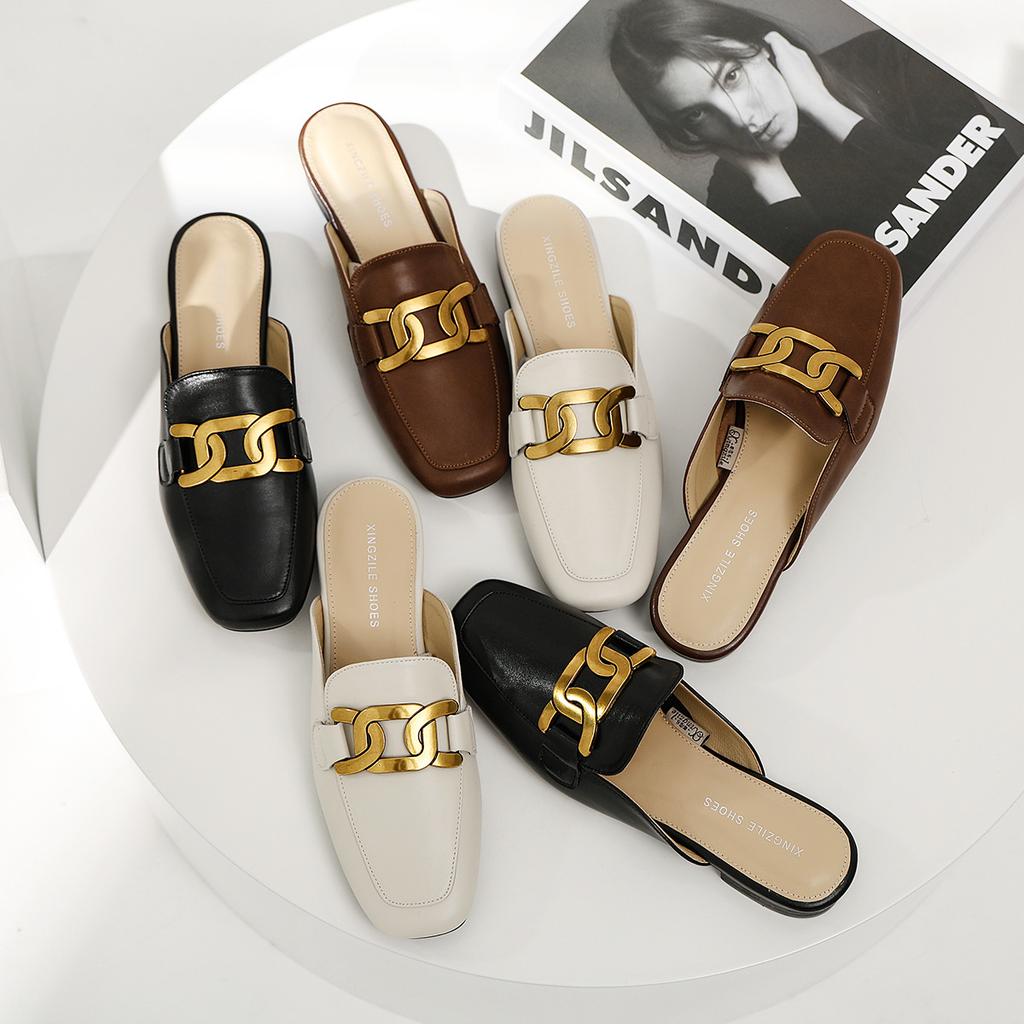 Halbschuhe aus Leder Damen ins äußere Tasche Kopf Einzelschuhe Frühling 2025 neu bequem weiche Sohle niedriger Absatz Mules