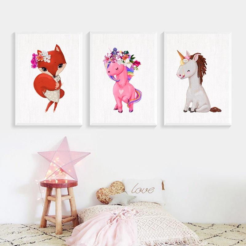 

Мультфильм Фокс Единорог Живопись Северная Детская комната Современный декоративный холст Роспись Стеновые рисунки для гостиной Плакаты