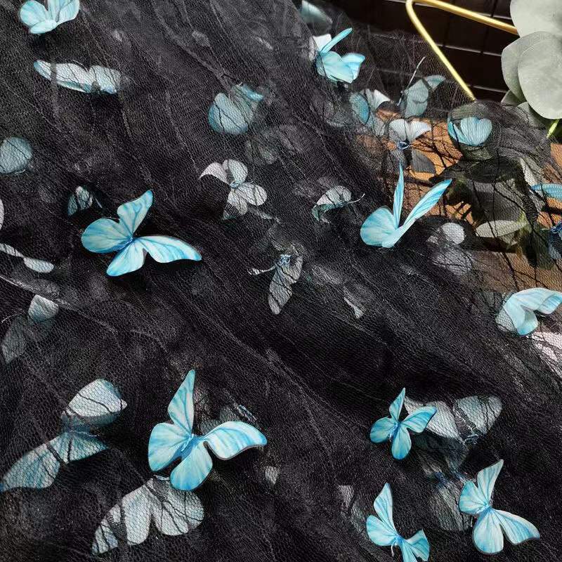 

Трехмерная бабочка, фиксированный цветок, паутина из пряжи, черная пряжа, кружево, вышитое кружево, детская одежда, ткань для платья Ханфу, украшение light blue butterfly on black background