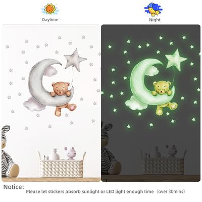 Cute Luminous Wall Stickers Teddy Bear On the Moon Stars Glow In the Dark Wall Decals for Kids Room Baby Nursery Home Decor