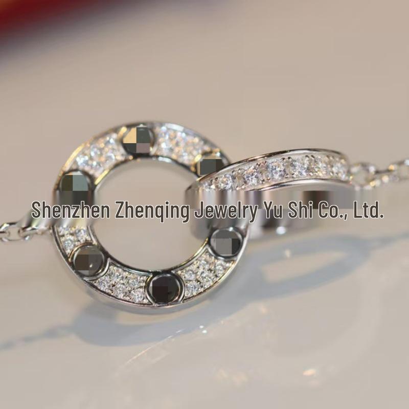 

Срібне кільце-подвійне кільце LOVE 925 проби з круглим диском, повністю інкрустованим діамантами, та геометричним ланцюжком на ключицю 925 Silver рожевий колір золота