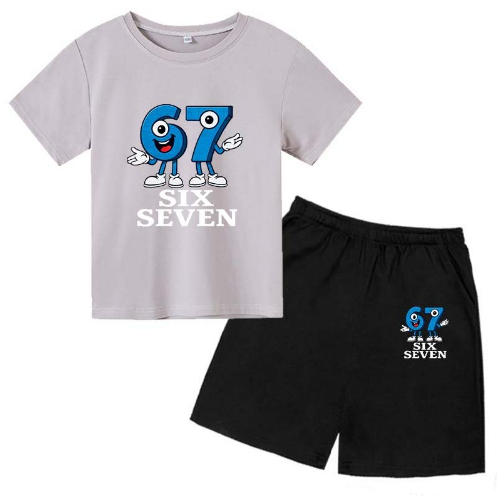 67 Funny Cartoon Number Print Kids Summer Casual 2PCS Breathable Tees+Short Pants Suits 2-13 Years Boys Girls Fashion Clothes
