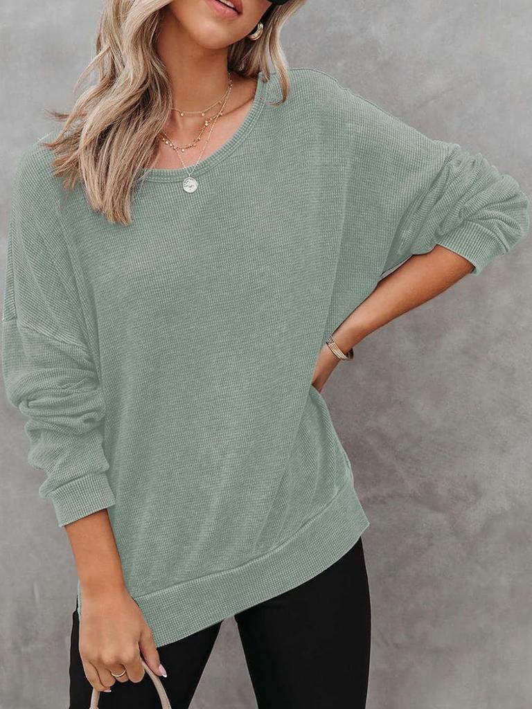 Women's Autumn New Style Crew Neck Long Sleeve Side Slit Checked Waistcoat T-Shirt