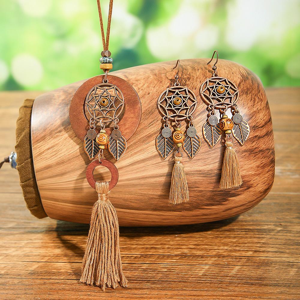 

3 шт. Винтажный кофейно-коричневый набор серег и ожерелья для женщин, кулон с кисточкой, цепочка для свитера, ловец снов, дизайн для вечеринки, подарки