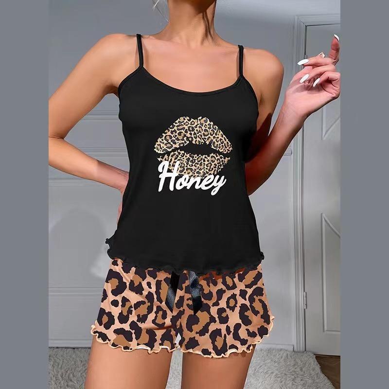 Damen Print Sexy Pyjama Set Träger Rückenfrei Kurzärmelig und Elastischer Bund Bedruckter Leopardenmuster Shorts Pyjama Set