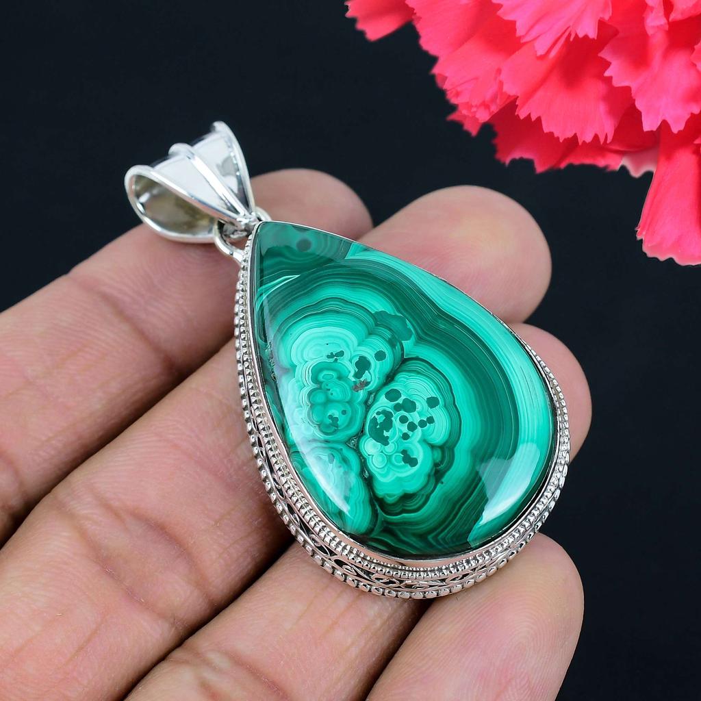 Malachite Gemstone Pendant Solid 925 Sterling Silver Pendant Jewelry Gift For Unisex