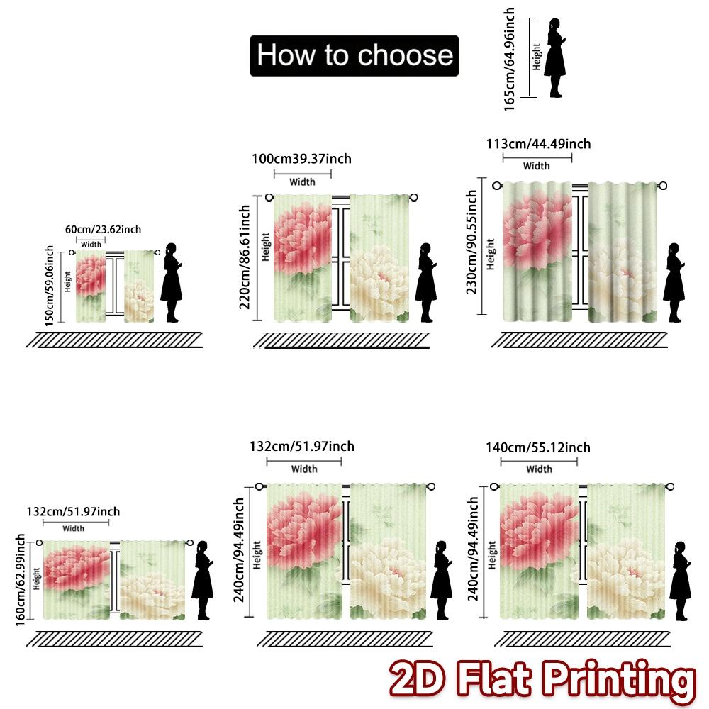 2D FLAT PRINTING 2pcs Curtains (Without Rod) Floral Peony Design Ramadan Festival Creative Curtains Semi-Sheer Curtains