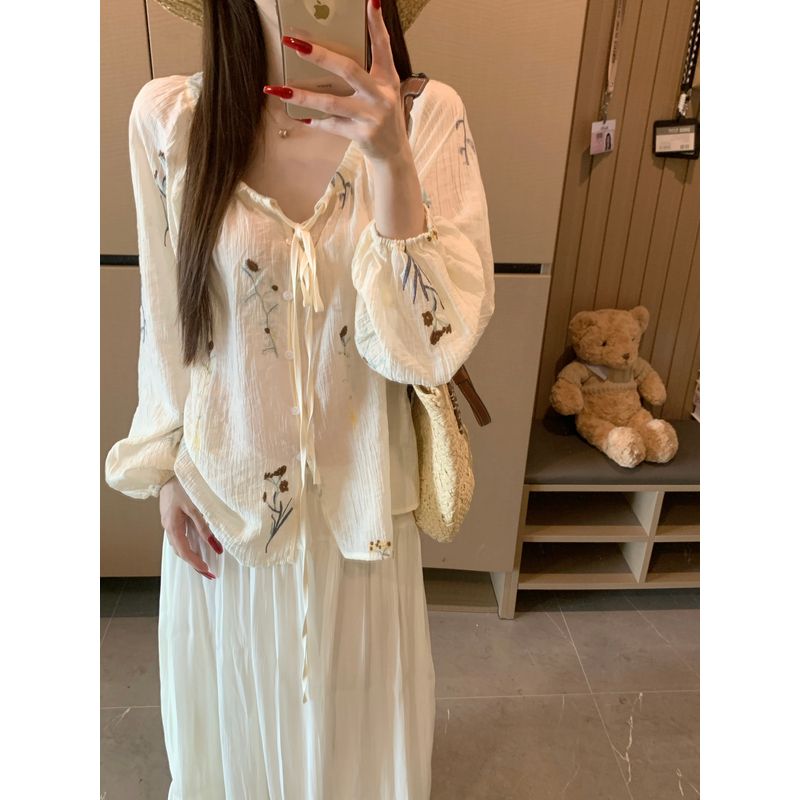 Kumikumi Gentle Style Apricot Embroidery Loose Shirts Women Clothes Summer Retro Thin Lace-up 3/4 Sleeve Top
