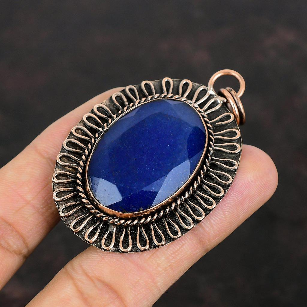 Faceted Blue Sapphire Pendant Copper Pendant Natural Gemstone Jewelry Unique Pendant Handmade Decent Pendant Copper Jewelry Gifts For Mother