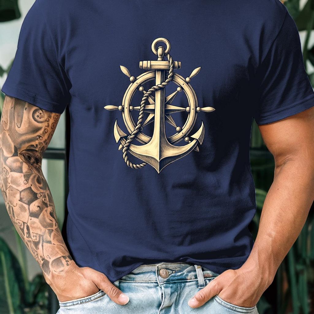 Unisexs Sailing Boat Anchor Print Summer Round Neck Tshirt Casual 100 Pure Cotton Soft Breathable Sports Short Sleeved Shirt