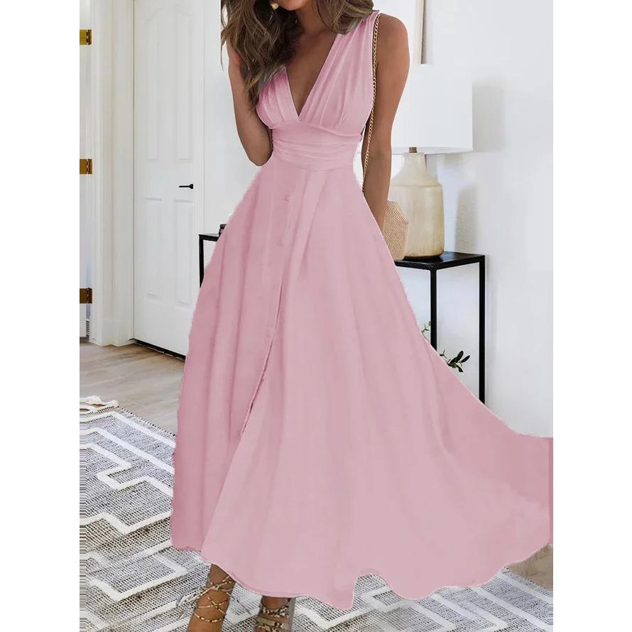 

QICED Лето Весна Без Рукавов V-образный вырез Юбка Платье Женское Летнее Платье S розовый