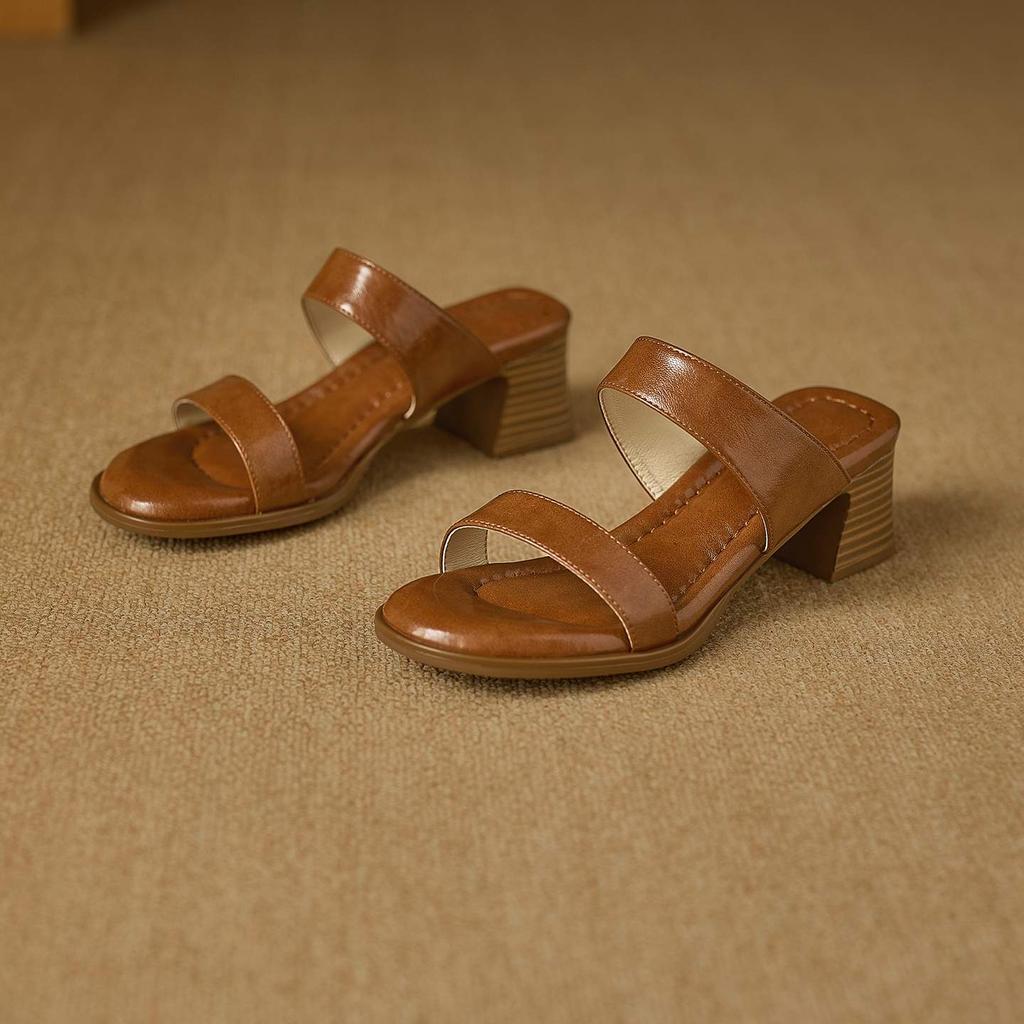 Krazing Pot Mules Cow Skin Thick Heels Peep Toe Street Wear Summer Size 42 Concise Style Elegant Women Sandals