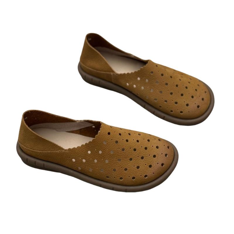 Fashion GKTINOO Handmade Genuine Leather Hollowed Out Flat Shoes 2025 Summer New Retro Loafers Round Toe Soft Sole Women's Sandals