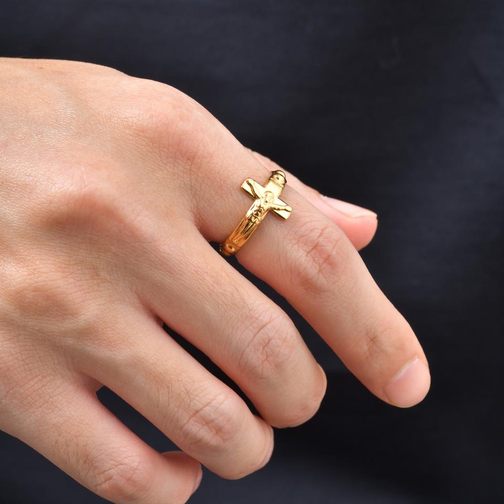 Fashion Vintage Jesus Cross Rings for Men, Waterproof Stainless Steel Adjustable Open Rings, Religious Party Jewelry Gift