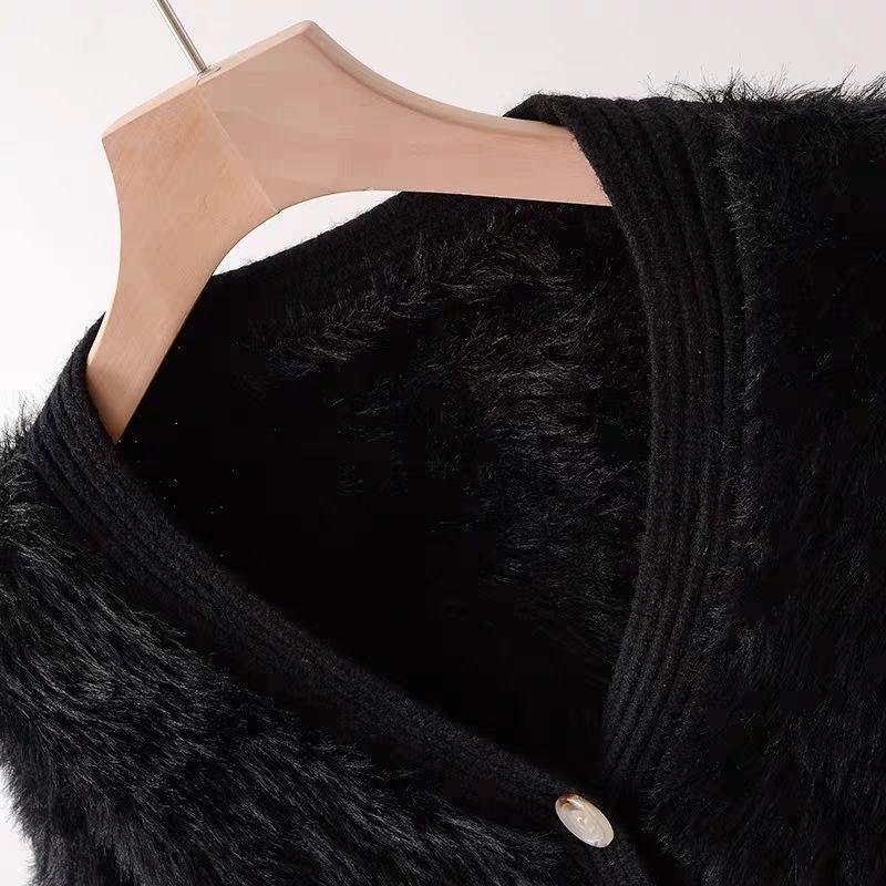 Autumn Winter Women V-neck Single Breasted Imitation Mink Fur Mohair Soft Knitted Sweater Cardigan Coat Jacket