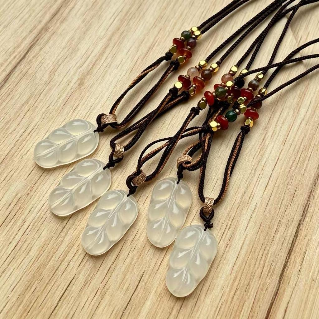 Natural White Chalcedony & Hetian Jade Leaf Pendant Necklace with Adjustable Rope