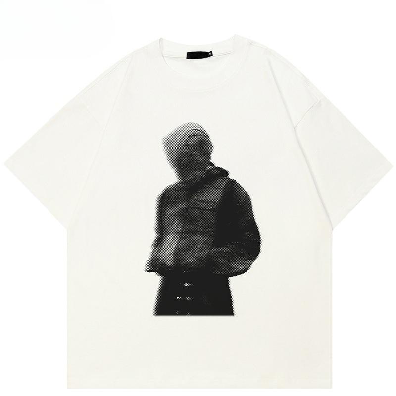 2026 Hot Sale Men T-Shirt Streetwear Casual Beige White Minimalism Aesthetic Graphic Blurry Masked Man Print Tops Tee Cotton T Shirt Short Sleeve 4XL