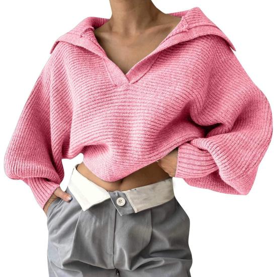 Women Knitting Tops Lapel V-Neck Long Sleeve Solid Color Sweater Loose Fit Warm