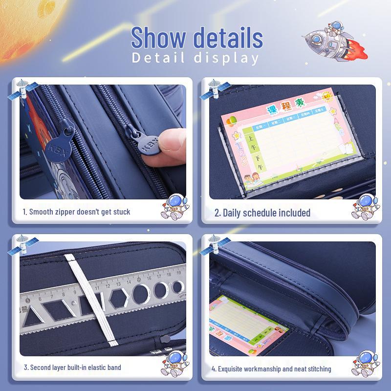 Kaba Bear Double-Layer Astronaut Pencil Case: Waterproof, Dirt-Resistant, Large Capacity, Cute Cartoon Style for Boys.