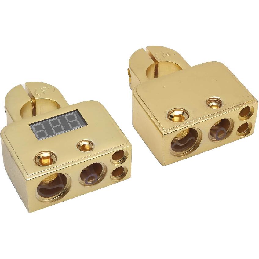 Autobatterie-Polklemmen-Set mit Digitalvoltmeter Standard 0/4/8/10 AWG-Lehre A (Gold)