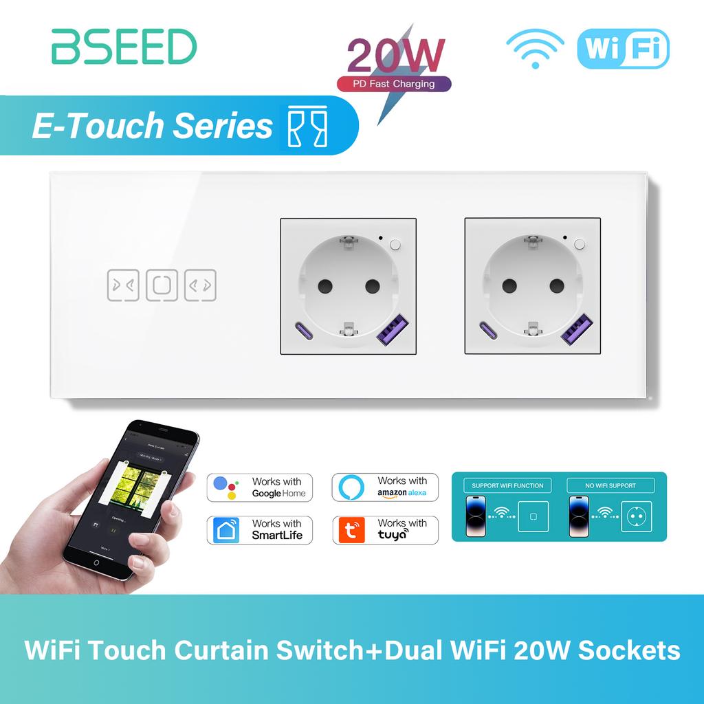 BSEED Tuya WIFI Curtain Switch Smart Touch Curtain Switches Glass Frame Tuya APP Switch EU Wall Sockets with USB-C for Villa Ho