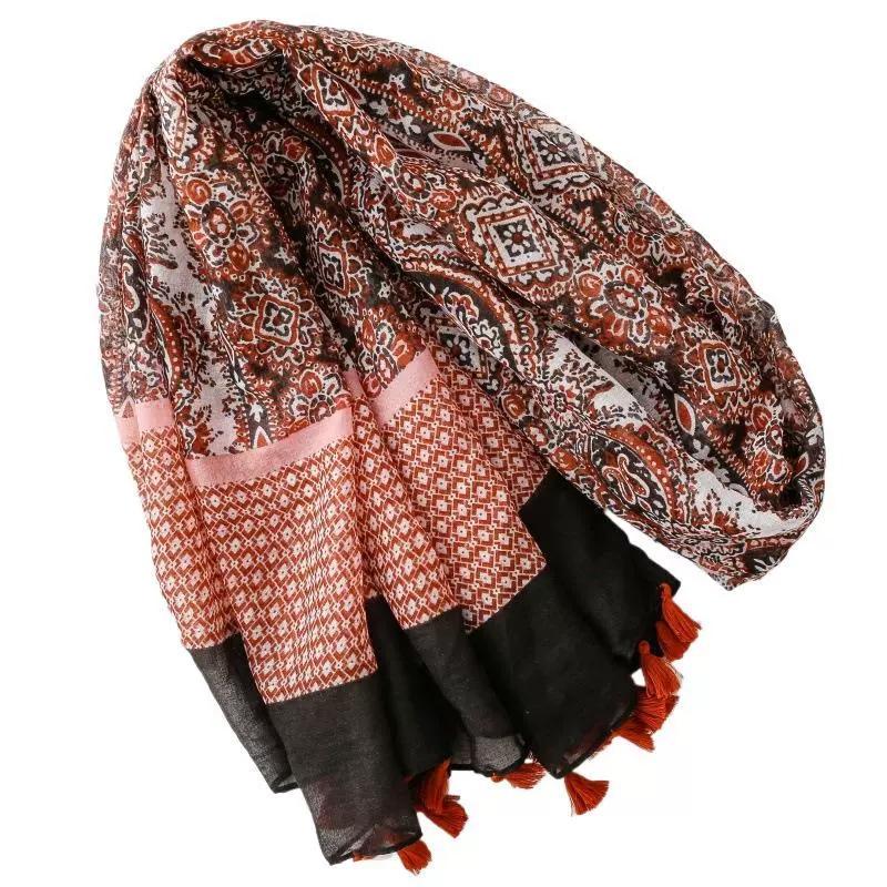 Bohemian Ethnic Style Cotton Linen Texture Scarf Floral Pattern For Travelling Sun Protection Beach Vacation Shawl And Wraps