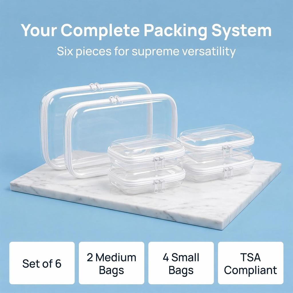 6 PCS Clear Hard Shell Zipper Cases, Diaper Bag Organizer Pouches (2M+4S) | Waterproof Cosmetic Bag, Travel Toiletry Pouch Set