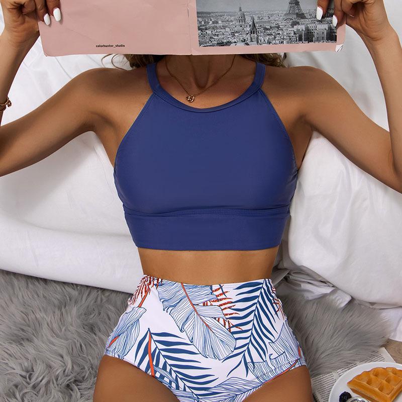 New bikini swimsuit women's sexy solid color printed split high waist belly hot spring swimsuit