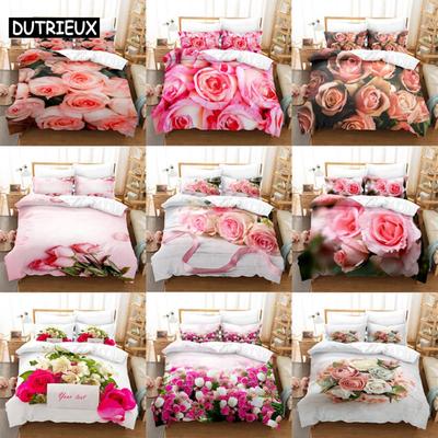 Parure de lit avec housse de couette et taies d'oreiller à fleurs roses King Size 220x240 Lit double simple 3D Queen Parure de lit rose Full Twin Quilt Linen