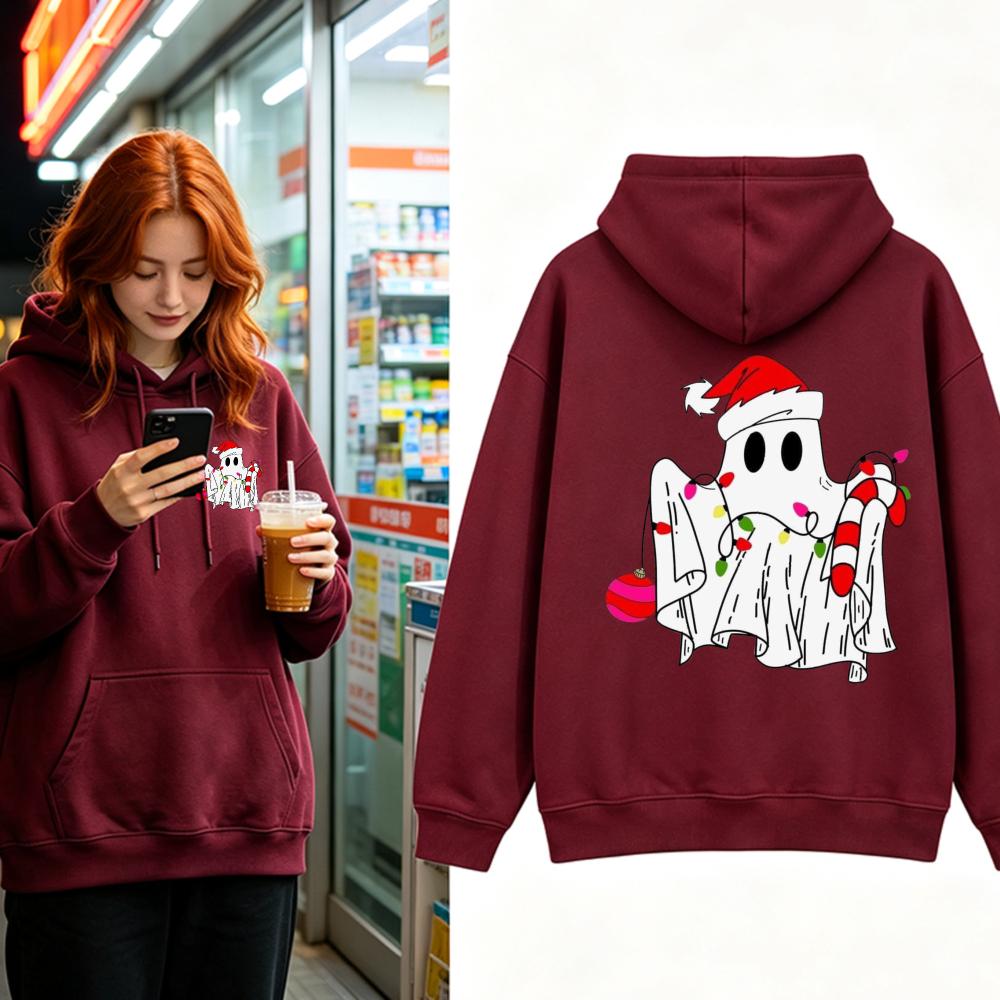 Funny Christmas Ghost Sweatshirt String Lights Candy Cane Graphic Long Sleeves Pullover Spooky Holiday Xmas Tops Women