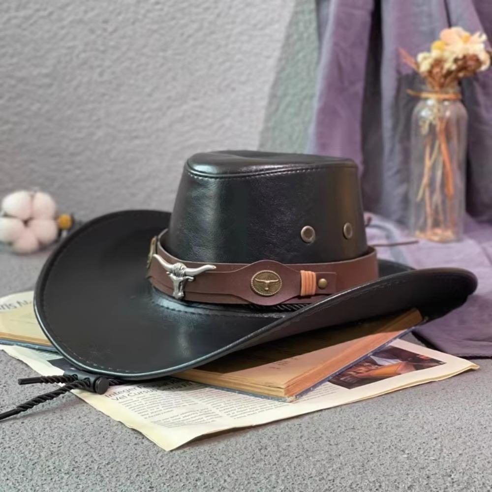 Solid Color Western Cowboy Hats Faux Leather Jazz Cap Casual Cowgirl Cap  Unisex