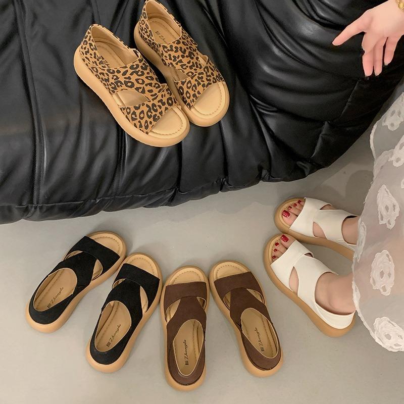 Retro Fashion Platform Bag Heel Sandals Women's Summer Wear New High-end Leopard Print Two Wear Beach Shoes Women's