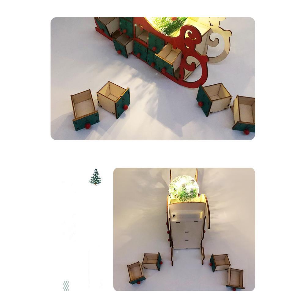 Christmas Wooden Advent Calendar, Countdown To Christmas With 24 Drawers, Sleigh Shape Christmas Tree DIY Advent Calendar With Lights