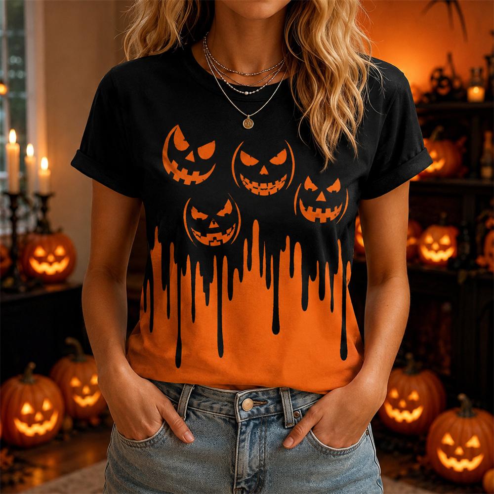 Simple Casual Cartoon Style Pumpkin Print Halloween T-shirt For Men Women Short Sleeve Round Neck Black T Shirts New Trend