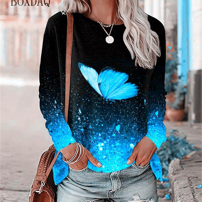 Butterfly Pattern Women Street Hip Hop T-Shirts Long Sleeve Spring Autumn 3d Tie-dye Print Fashion Ladies Tees 6XL Big Size Tops