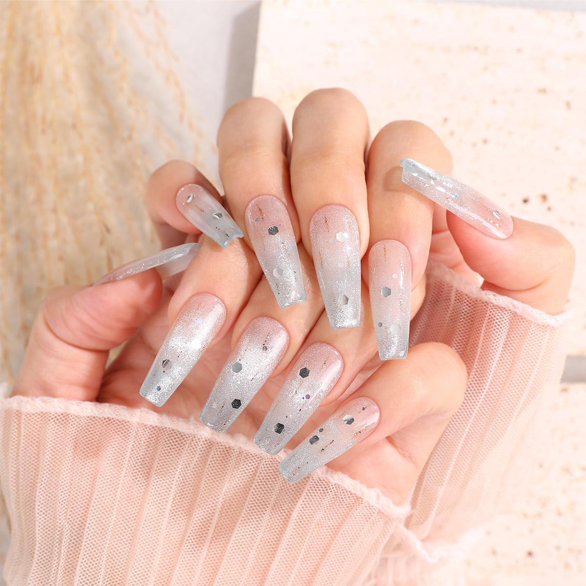 Luxury Cat Eye Gradient Glitter Long Press-On Nails: Handmade, Removable, High-End Manicure Medium