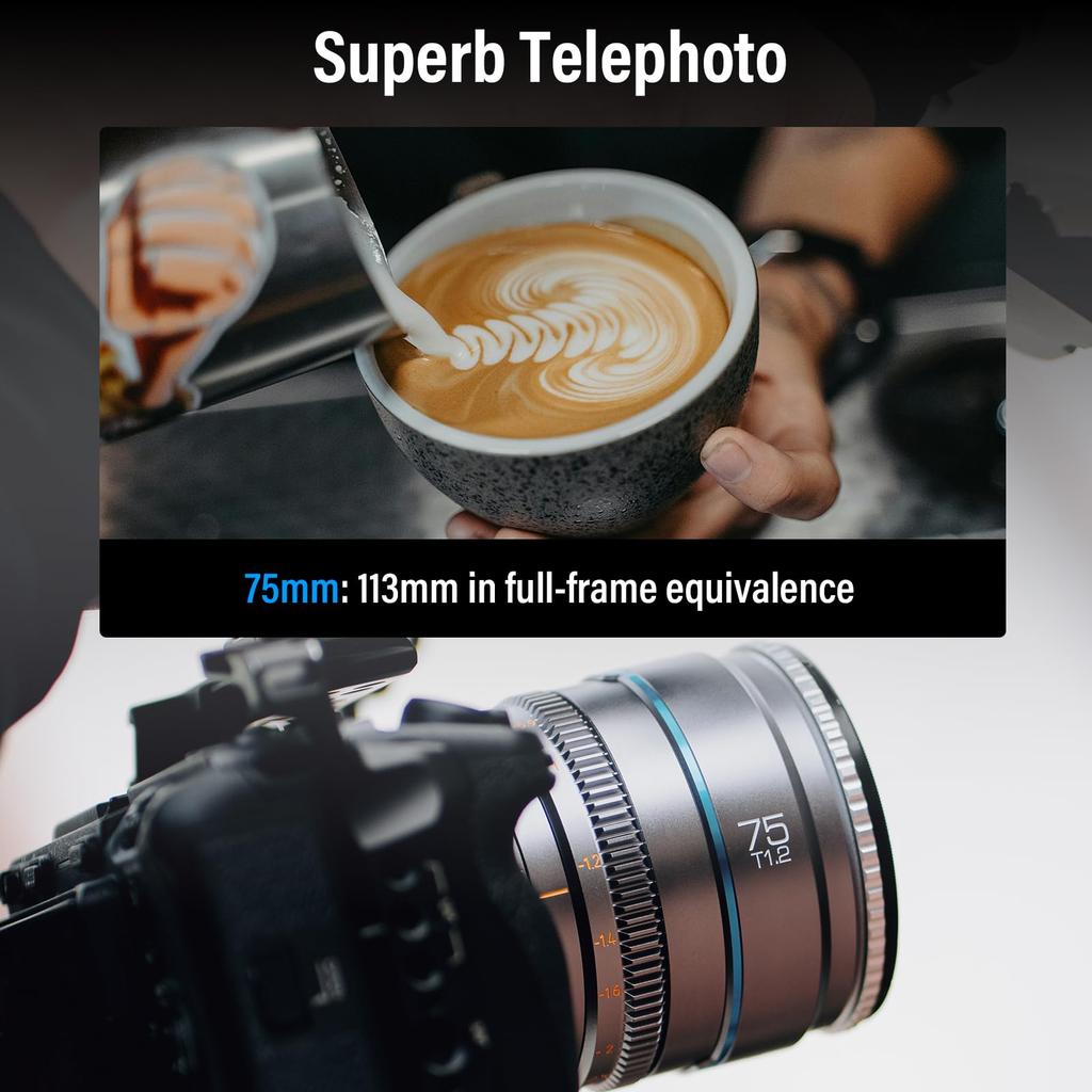 SIRUI Night Walker 75mm S35 Telephoto Cine Lens Large Aperture Manual Focus Lens Metal T1.2 (MS75X-G, X-Mount, Gray)