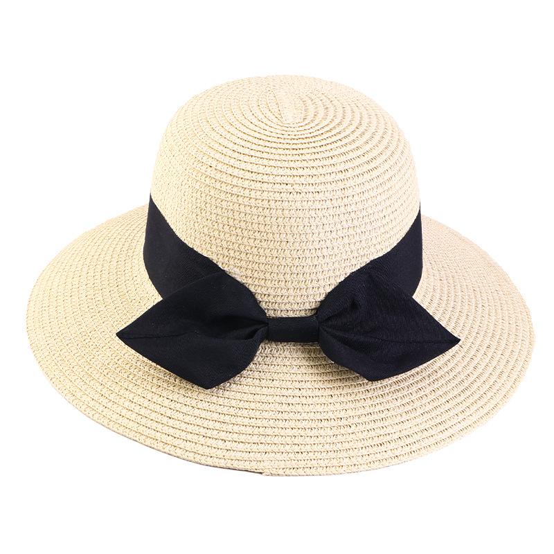 Women's summer sun-protective straw hat, beach grass pot hat, straw woven black bow, bucket hat factory JDPM-D