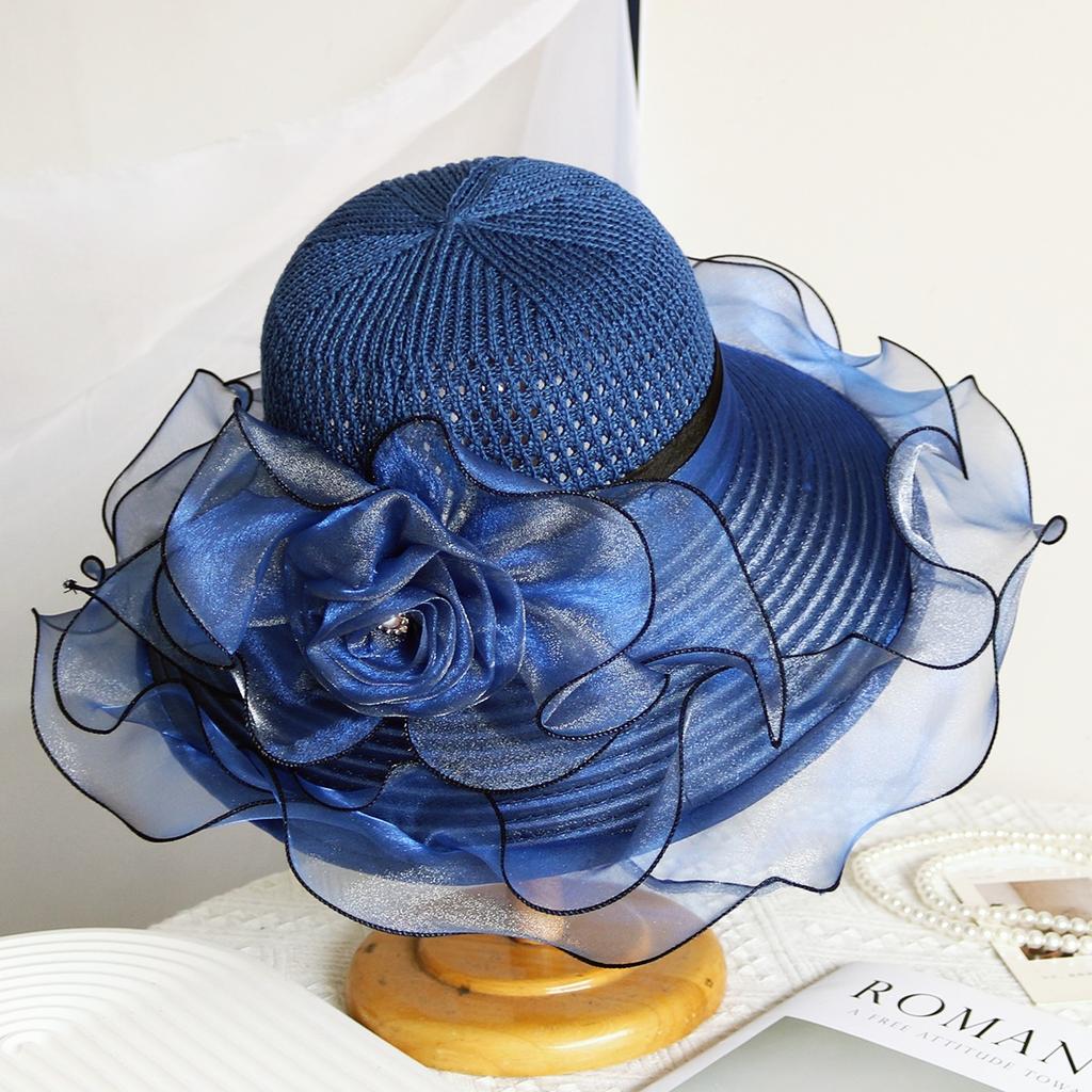 Elegant Summer Women's Sun Hat Breathable Organdy Material Foldable Design Woven Top Flower Decoration