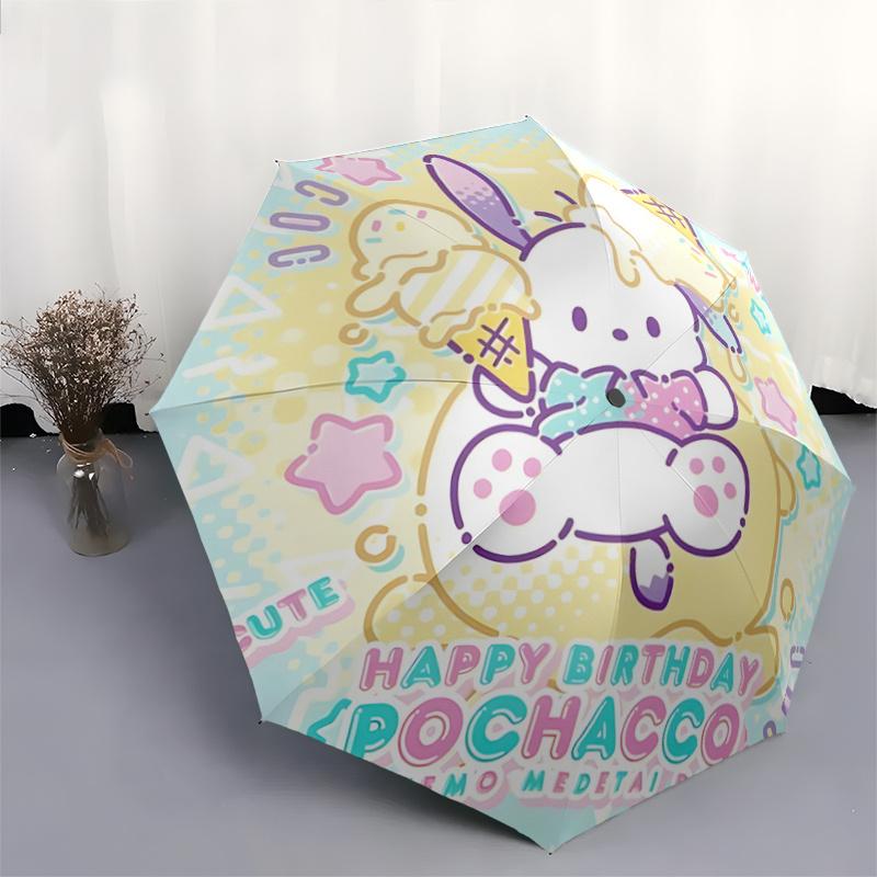 1pc Pochacco Happy Birthday Edition Automatic Folding Umbrella - Cute Kawaii Design with Ice Cream Cone, Perfect Gift for Fans and Travelers.A040