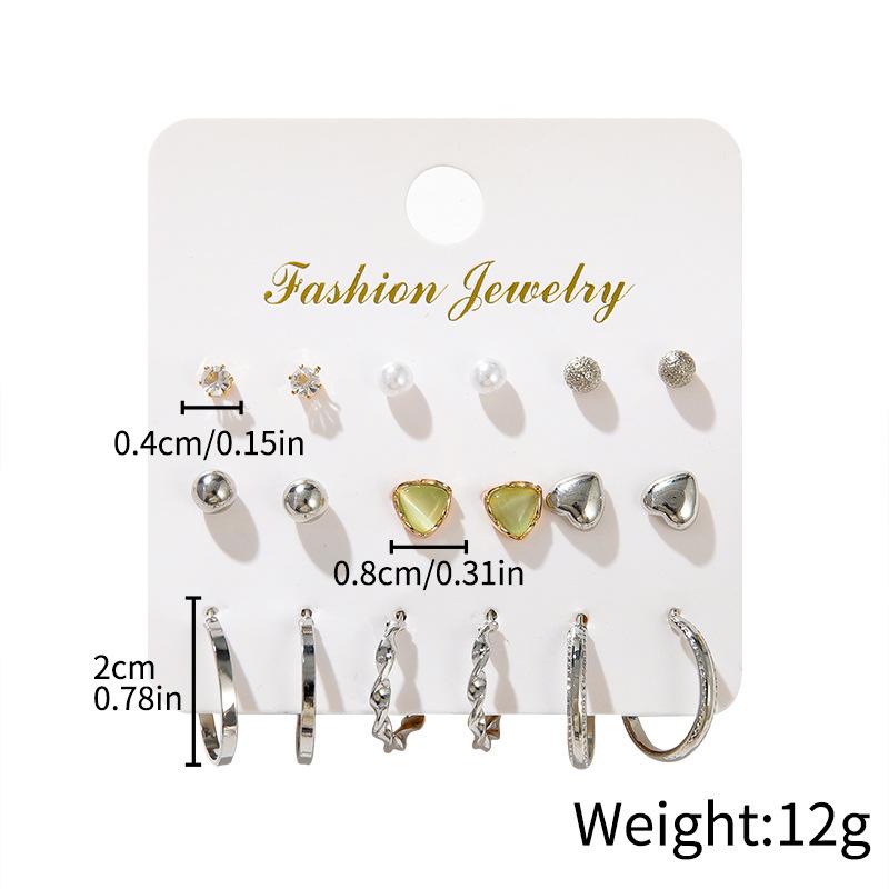 European and American New Temperament Stud Earrings, Geometric Creative Retro Pearl Circle Love 9 Pairs Set